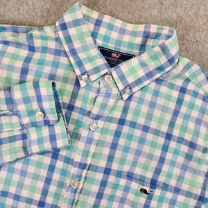 Vineyard Vines Slim Fit Tucker Shirt‎ Plaid Mens M Button Long Sleeve Blue Teal